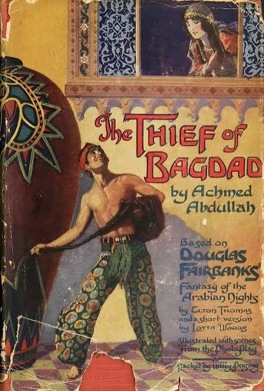 Vintage illustrated cover of The Thief of Bagdad, based on the Douglas Fairbanks film